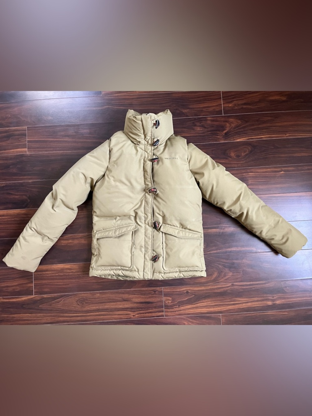 Merrell Olive/Tan Puffer Duck Down Coat with Zipper and Toggle Closures, Boys S